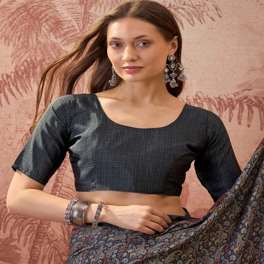 Grey Crepe Silk Printed Saree - Image 2