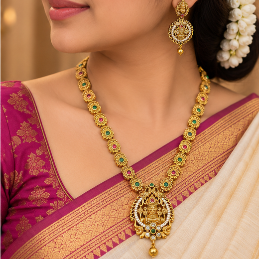 Gold Plated Long CZ Laksmi Necklace Set - Image 4