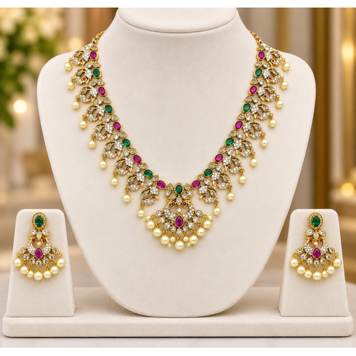 Victorian finishing peacock design with multi-stones Short Necklace
