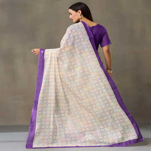 Off White Linen Printed Saree - Image 4