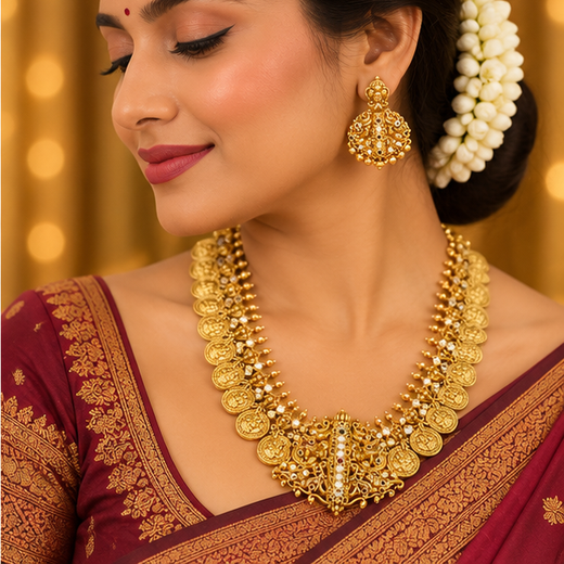 Matte finishing temple set features a long Lakshmi coin design haram necklace - Image 4