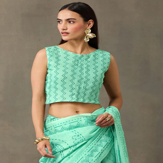 Light Mint Green Linen Printed Saree - Image 2