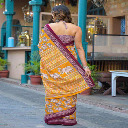 Yellow Cotton Printed Saree - Image 4