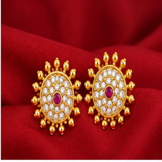 Matte Finish Kempu Stone Sun Design Earrings | Artificial Jewellery - Image 2