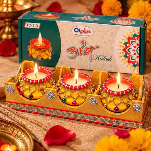 3pc Abhay Kalash Decorated Diya With Decorated Wooden Tray Gift Pack (TC-113) (Box Size: 10.5*4 Inch) 🕯️🎁