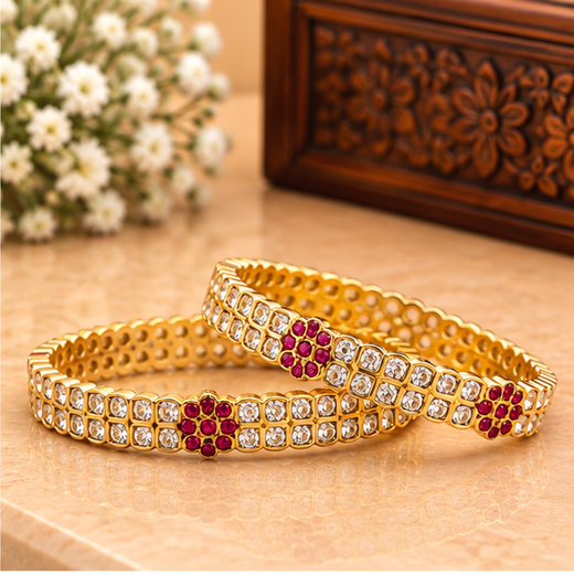 Pure Panchaloham With Red Stones Flower Design With American Diamond Bangles - Image 2
