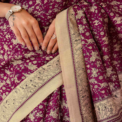 Dark Magenta Khadi Warli Printed Saree - Image 3