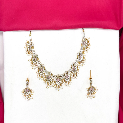 Matte finishing American Diamonds with Baby-Pink stones and Guttapusalu Short Necklace