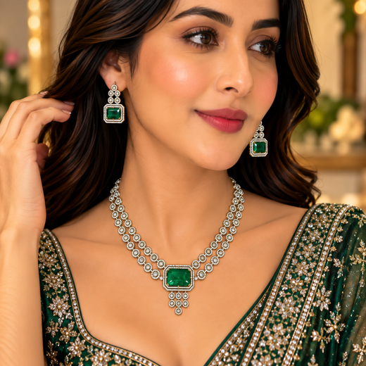 Victorian finishing emerald green stones and intricate American Diamond Necklace