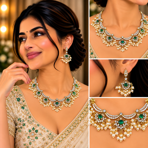 Matte finishing American Diamonds with Green stones and Guttapusalu Short Necklace - Image 4