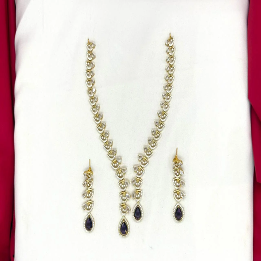 Emerald polki Purple with American Diamond Drop Short Necklace