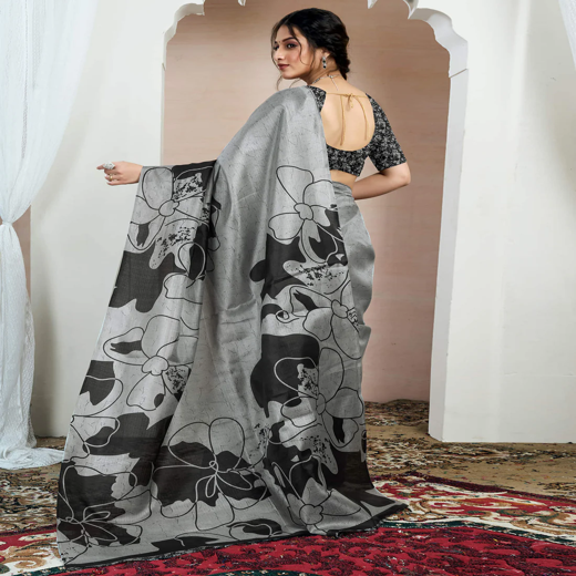 Grey Bhagalpuri Silk Printed Saree - Image 4