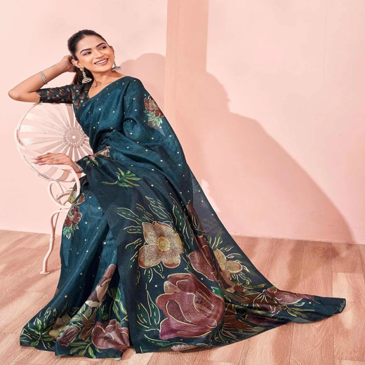 Ready To Wear Dark Peacock Blue Silk Foil Printed Saree - Image 4