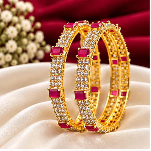 CZ American Diamond Emerald-Cut Pink Stones Bangle