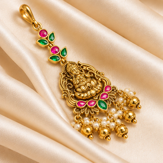 Jadau Kundan Finishing Golden Balls Lord Lakshmi Maang Tikka - Image 3