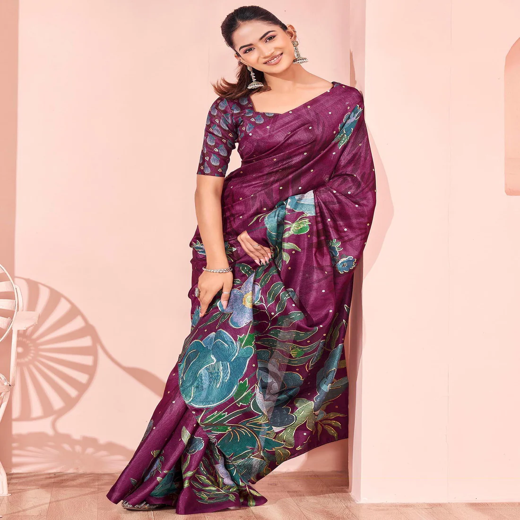Ready To Wear Dark Magenta Silk Foil Printed Saree - Image 4