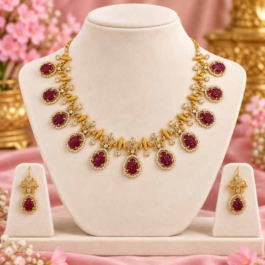 Matte finishing American Diamond with Red Stone Short Necklace