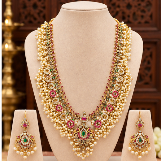 Matte finishing features intricate Kundan work pearl beads Long Harman