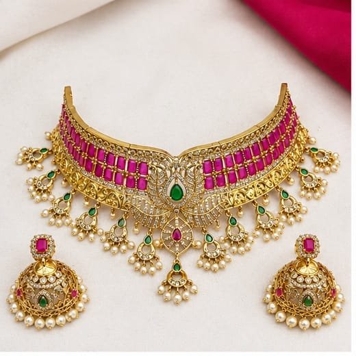 Matte finishing pink stones beautiful design with pearls Choker