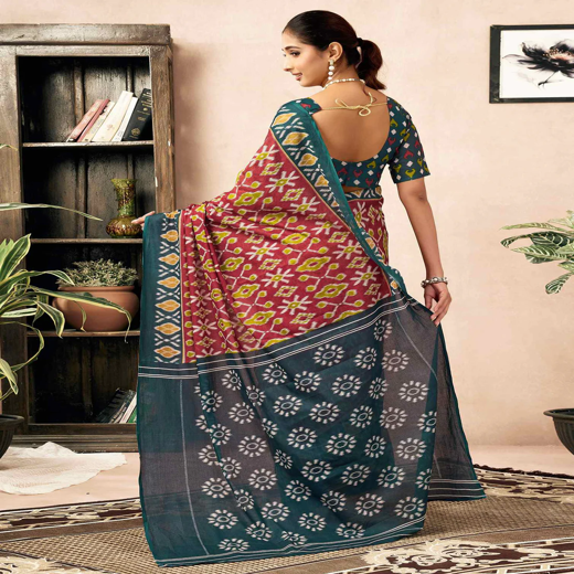 Ready To Wear Red Cotton Ikkat Printed Saree - Image 4