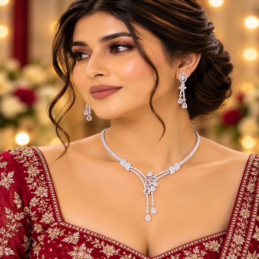 Silver American Diamonds stones deep White teardrop and floral-shaped stones Short Necklace