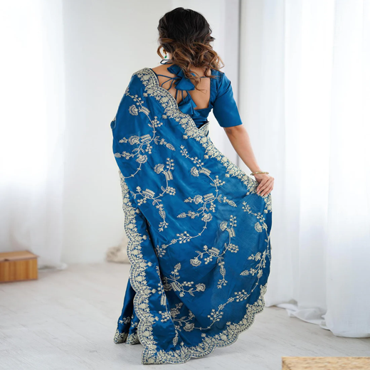 Teal Blue Satin Sequence Embroidery  Saree - Image 4