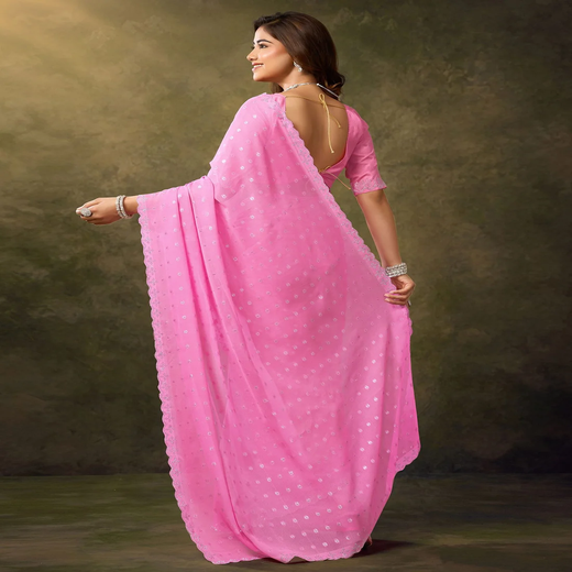 Pink Georgette Stone Work Embellished Saree - Image 4