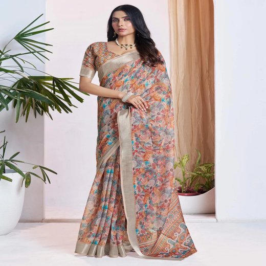 Ready To Wear Light Brown Linen Woven Border Printed Saree