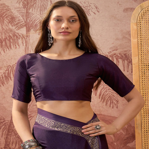 Dark Purple Crepe Silk Printed Saree - Image 2