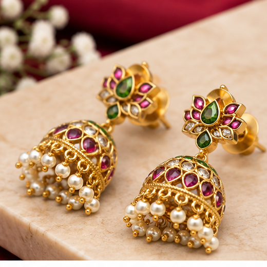 Matte Finishing Floral Design With Green & Pink Stones Jhumkas Earring - Image 2