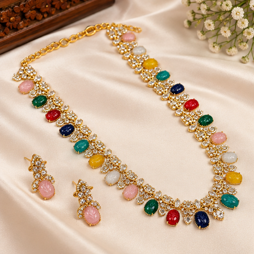 Navaratna American Diamonds Long Haram Necklace - Image 3