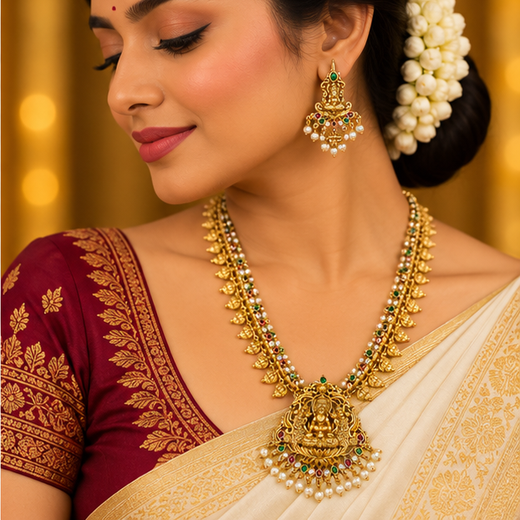 Matte finishing lord Lakshmi with white stones long Haram - Image 4