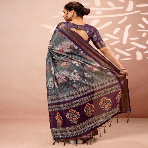 Dark Grey Silk Printed Woven Border Saree - Image 4