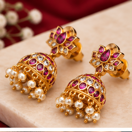Matte Finishing Flower Design Pink & White Stones With White Pearls Jhumkas Earring - Image 2