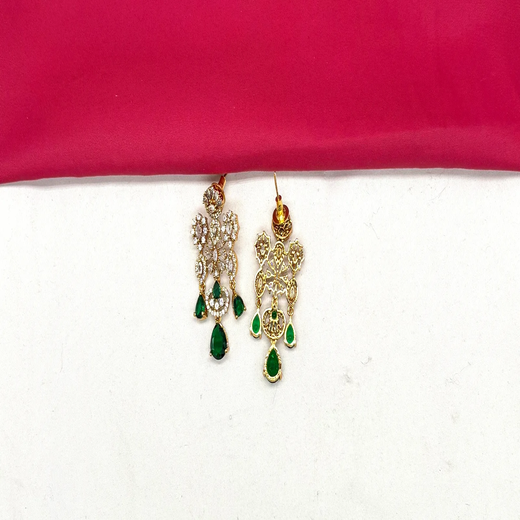 Premium matte finish American Diamonds flower design with Green Stones Short Necklace - Image 3