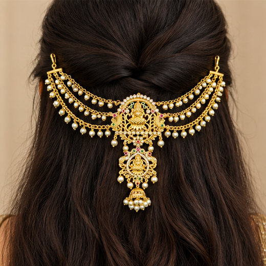 Matte Finishing Peacock Design With Multi-Stones And White Pearls Jadai Billai - Image 3