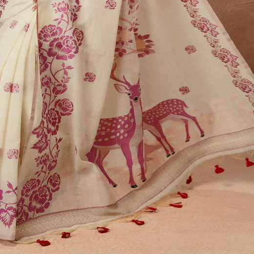 Beige Chanderi Cotton Woven Saree - Image 3