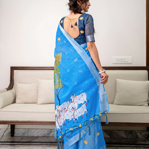 Sky Blue Linen Printed Saree - Image 4