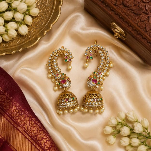 Glamorous Peacock Mango Floral Cuff Jhumka Earrings - Image 2