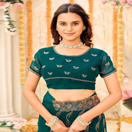 Teal Green Georgette Embroidery Swarovski Saree - Image 2