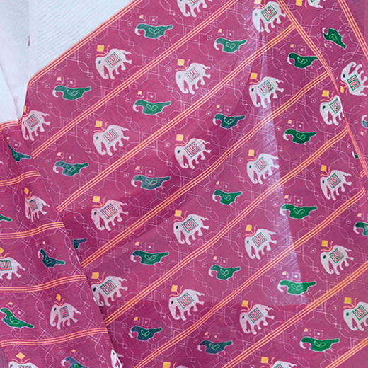 White Cotton Linen Printed Patola Saree - Image 3