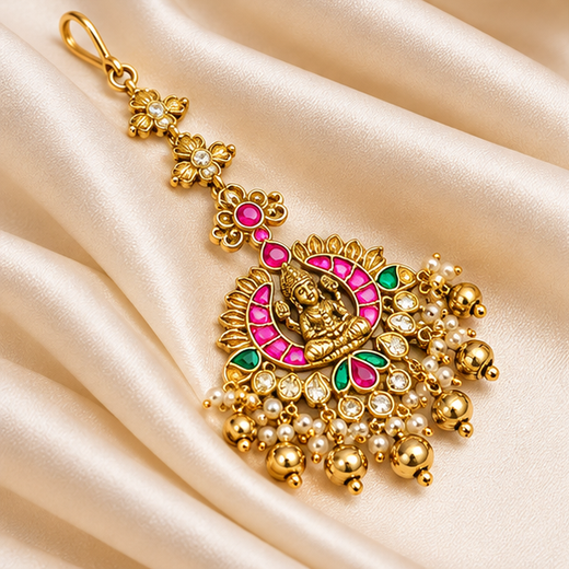 Jadau Kundan Finishing With Lord Lakshmi Design With Golden Balls Maang Tikka - Image 3