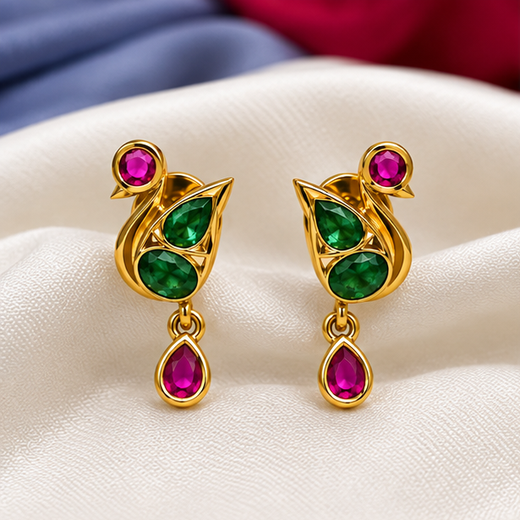 Matte Finish Peacock Design Pink Sone Drop Studs Earring