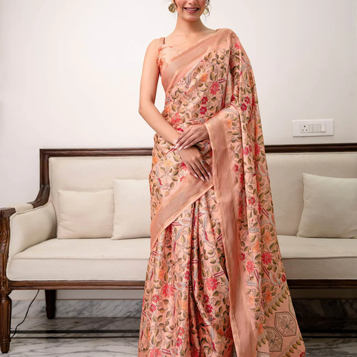 Peach Silk Printed Saree