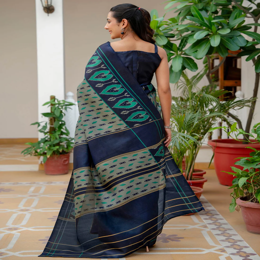 Navy Blue Khadi Ikkat Printed Saree - Image 4