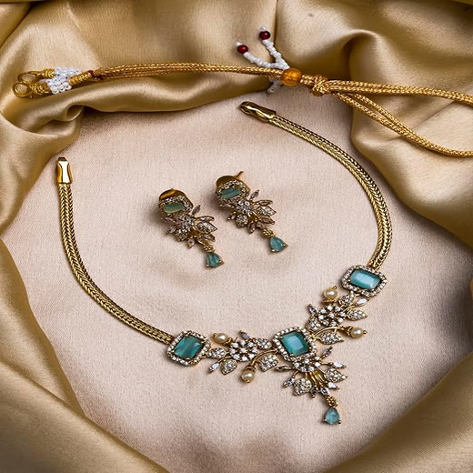 American Diamond Zirconia Mint-Green Studded Floral Short Necklace - Image 4