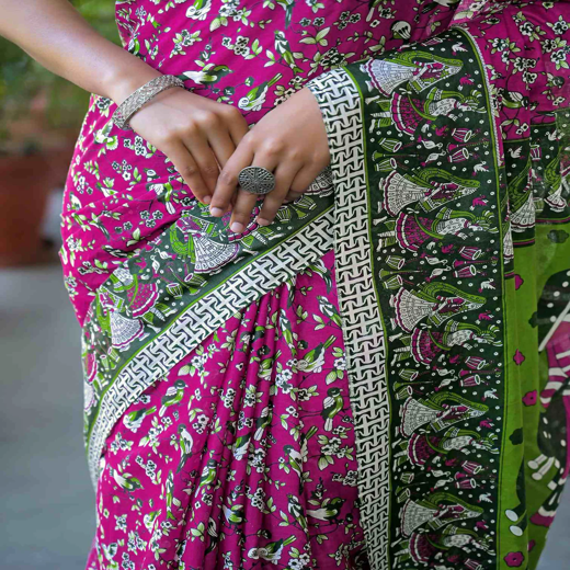 Rani Pink Cotton Printed Saree - Image 3