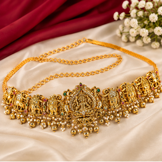 Matte finishing Lord Lakshmi Designed with Elephant and lotus Chain Vaddanam