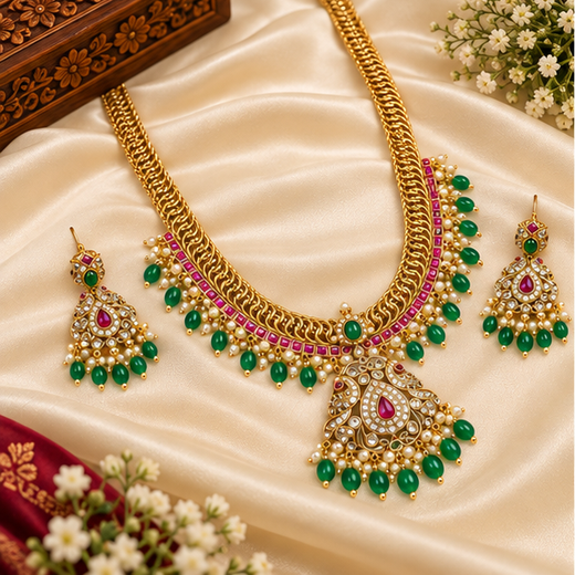 Matte finishing peacock design with Green beads Mango Long Haram - Image 3