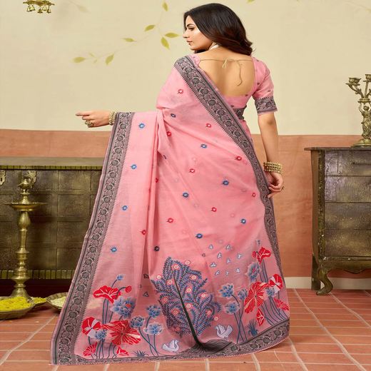 Light Peach Chanderi Woven Saree - Image 4